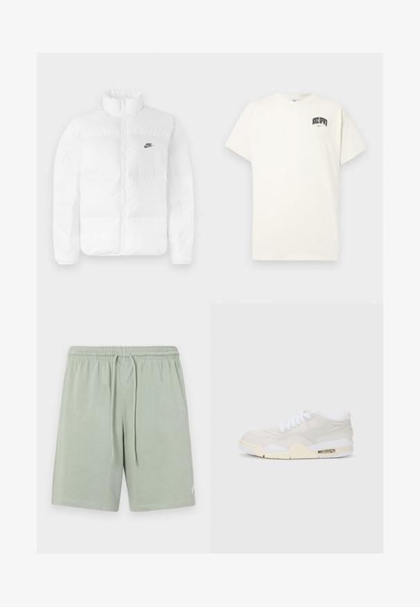 Biela nafukovacia bunda s vysokým golierom, zipsovým zapínaním a čiernym logom Nike na ľavej hrudi. Hladká textúra, prešívaný dizajn a polstrovaná.; Krémová bavlnená tričko s krátkymi rukávmi, s nápisom "NIKE SB" v čiernej a červenej farbe na hrudi. Štandardný okrúhly výstrih.; Svetlozelené šortky z mäkkej tkaniny, s elastickým pásom s šnúrkou, bočnými vreckami a malým logom.; Tenisky s svetlo béžovým syntetickým zvrškom, bielymi šnúrkami a viditeľným tlmením. Majú hladkú podrážku a jemné bočné akcenty.