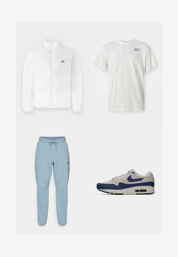 Balta pūkainā jaka ar augstu apkakli, ar rāvējslēdzēju un melno Nike logo kreisajā krūšu daļā. Gluda tekstūra, piesūcināts dizains un polsterējums.; Balts kokvilnas T-krekls ar īsām piedurknēm, ar tumši zilu Nike zīmolu izšūtu kreisajā krūtī. Standarta apaļās kakla dizains.; Gaiši zili sporta bikses, kas izgatavotas no mīksta auduma, ar elastīgu jostu un auklu, sānu kabatām un mazu melnu logo uz augšstilba.; Vīriešu sporta apavi ar gaiši pelēku tīkla un zamša augšdaļu, tumši ziliem ādas ieliktņiem, tumši zilu Nike zvana simbolu un redzamu gaisa spilvenu zoli.