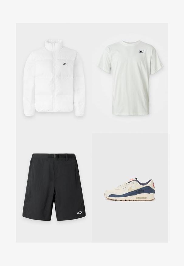 Valkoinen puffatakki, jossa on korkea kaulus, vetoketjusuljenta ja musta Nike-logo vasemmassa rinnassa. Sileä pinta, tikattu muotoilu ja pehmustettu.; Valkoinen puuvillainen T-paita lyhyillä hihoilla, jossa on sininen Nike-logo brodeerattuna vasemmassa rinnassa. Keskimääräinen pyöreä kaula-aukko.; Mustat uimapuvut, joissa on sileä pinta, vyötärönauhamallinen vyö ja valkoinen logo alhaalla oikealla. Puolikanavan pituinen malli.; Tennarit, joissa on kermanvärinen nahka ja merimiessininen mokka päällinen, näkyvällä ilmasoolalla, beige kumipohja ja punainen yksityiskohta kantapäässä.