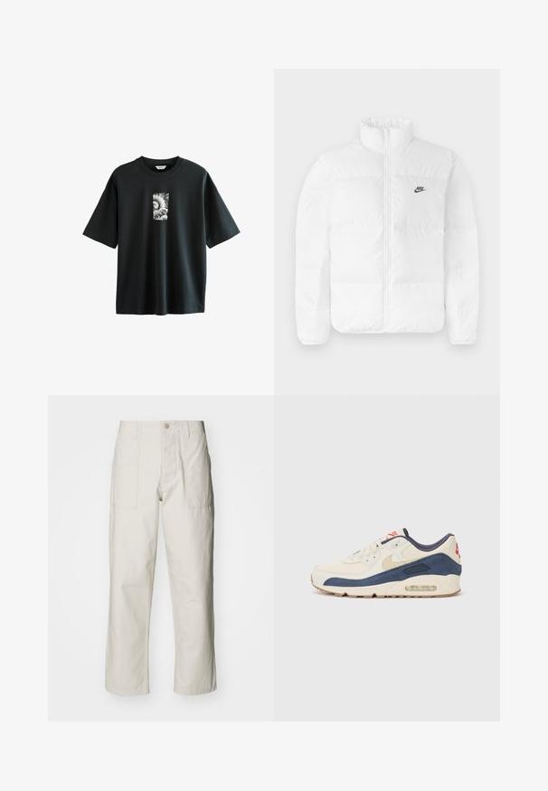 Fehér puffertakaró magas gallérral, cipzáros záródással és fekete Nike logóval a bal mellrészen. Sima textúrájú, steppelt kialakítású és párnázott.; Next JAPANESE SURF GRAPHIC - Nyomott mintás póló - black; Világos bézs, bő szárú nadrág, pamutból készült. Elöl zsebekkel és gombos záródással rendelkezik. Simított textúrájú, finom függőleges csíkokkal.; Tejszínbőr és tengerészkék velúr felsőrésszel rendelkező sporty cipők, látható légsóléval, bézs gumitalppal és piros részlettel a saroknál.