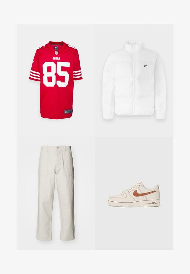 Bijela pufasta jakna s visokim ovratnikom, zatvaranjem na zip i crnim Nike logotipom na lijevoj strani prsiju. Glatka tekstura, kvadratni dizajn i podstavljena.; Crvena NFL majica sa bijelim detaljima ima broj "85" i natpis "49ERS" otisnut sprijeda. Kratki rukavi s bijelim prugama, Nike logotip na ovratniku.; Svijetlosmeđe široke hlače od pamuka. Imaju prednje džepove i kopčanje na dugme. Glatka tekstura s suptilnim vertikalnim linijama.; Nike Air Force 1 tenisice s gornjim dijelom od krem kože, smešnim logotipom i detaljima šivanja. Imaju okrugli vrh i teksturiranu gumenu potplatu.