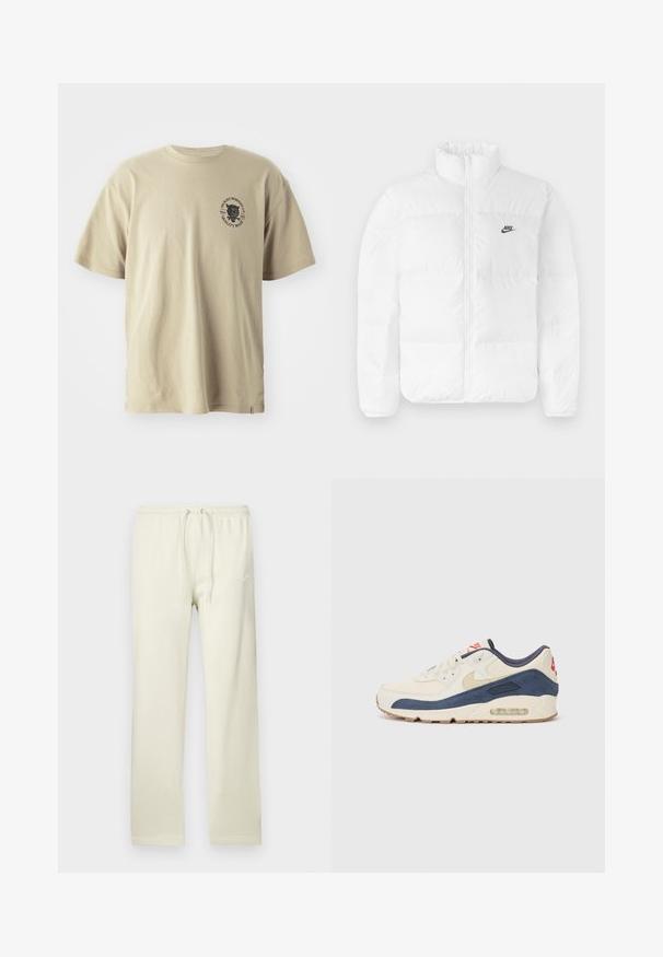 Chaqueta de plumas blanca con un cuello alto, cierre de cremallera y logo negro de Nike en el lado izquierdo del pecho. Textura suave, diseño acolchado y con relleno.; Camiseta de algodón beige con cuello redondo y mangas cortas. Presenta un estampado gráfico negro en el lado izquierdo del pecho con texto y un diseño.; Pantalones deportivos beige claro con cintura ajustable con cordón, fabricados con material suave. Presentan un sutil logo de Nike en blanco en el muslo izquierdo.; Zapatillas con parte superior de cuero crema y gamuza azul marino, que presentan una suela de aire visible, suela de goma beige y un acento rojo en el talón.