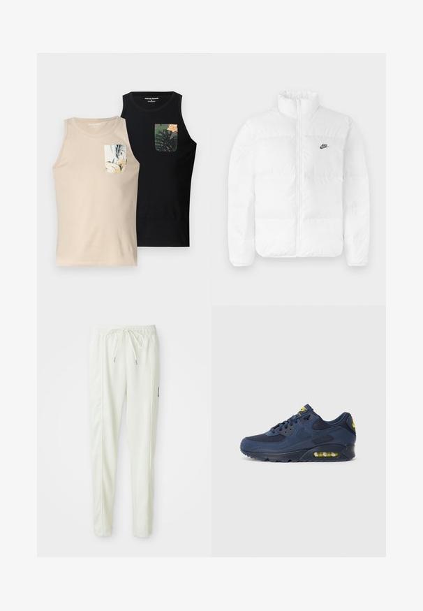 Bela puhvasta jakna z visokim ovratnikom, zadrgo in črnim logotipom Nike na levem prsnem delu. Gladka tekstura, prešito oblikovanje in oblazinjena.; Dve majice brez rokavov: ena bež z rožnatim žepom, druga črna z listnatim žepom. Obe sta izdelani iz gladkega materiala.; Beli ožji jogger hlače s prilagodljivim pasom in vrvico, z bočnimi šivi in majhnim črnim patcheom na desni nogi.; Temno modri Nike Air Max športni copati z zgornjim delom iz usnja in mrežaste tkanine, z rumenimi poudarki, vezanjem spredaj in vidnim zračnim blaženjem v podplatu.