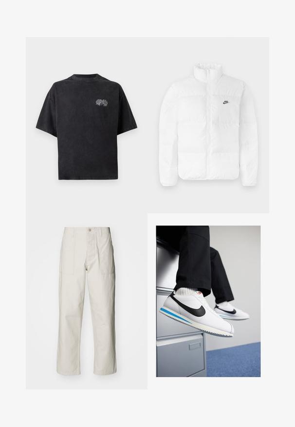 White puffer jacket with a high collar, zip closure, and black Nike logo on the left chest. Smooth texture, quilted design, and padded.; Black oversized t-shirt made from cotton with a crew neck. Features a white embroidered design on the left chest. Short sleeves.; Light beige wide-leg pants made of cotton. Features front pockets and a button closure. Smooth texture with subtle vertical lines.; White leather sneakers with a black Nike swoosh, light blue and grey rubber sole, and classic lace-up design. Feet resting on a filing cabinet.