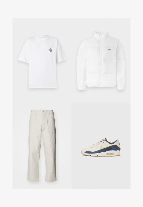 Hvid pufferjakke med høj krave, lynlås, og sort Nike-logo på venstre bryst. Glat tekstur, quiltet design og polstret.; Hvid bomulds T-shirt med rund halsudskæring og korte ærmer. Har et lille blåt logo på venstre bryst. Glat tekstur.; Lysebeige brede bukser lavet af bomuld. Har forlommer og en knaplukning. Glat tekstur med subtile lodrette linjer.; Sneakers med en overdel i cremefarvet læder og marineblå ruskind, med en synlig luftsål, beige gummisål og røde detaljer på hælen.