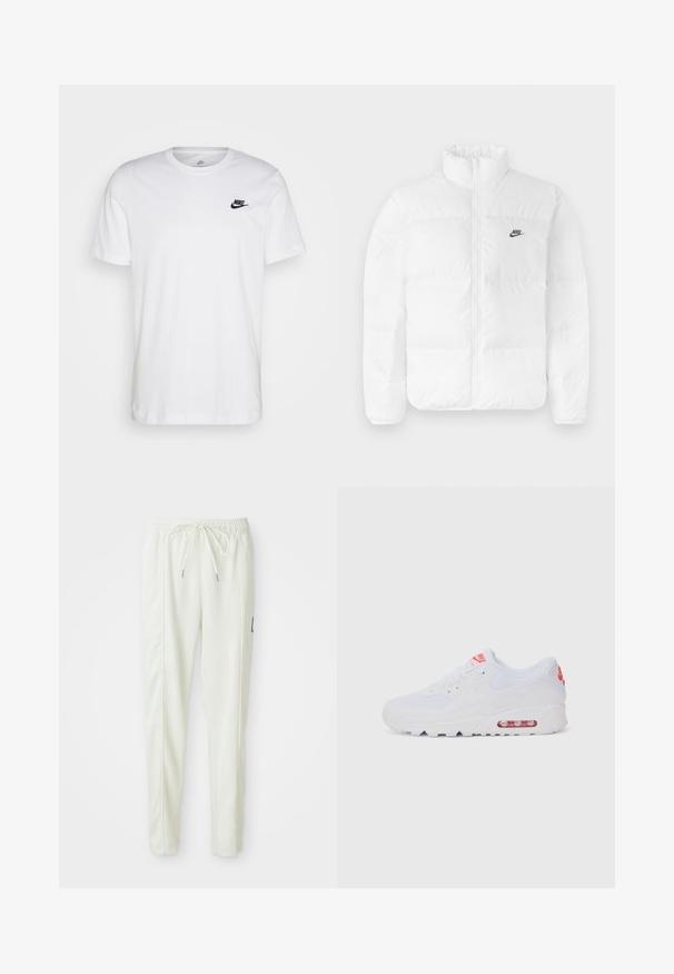 Balta pūkainā jaka ar augstu apkakli, ar rāvējslēdzēju un melno Nike logo kreisajā krūšu daļā. Gluda tekstūra, piesūcināts dizains un polsterējums.; Balta kokvilnas T-krekls ar apaļu kaklu, īsām piedurknēm un melnu Nike logo kreisajā krūtīs. Vienkāršs, viendabīgs dizains.; Baltas slaida griezuma bikses ar elastīgu jostu un auklu, ar sānu šuvēm un mazu melnu uzlīmi labajā kājā.; Baltas sporta apavi ar gludu augšdaļu, saitēm, mīkstu zoli un redzamu gaisa vienību ar sarkaniem akcentiem uz zīmola.