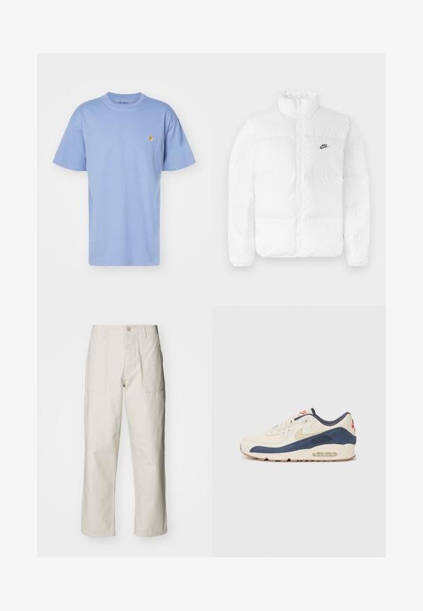 Bílá péřová bunda s vysokým límcem, zipovým uzávěrem a černým logem Nike na levé hrudi. Hladká textura, prošívaný design a polstrovaná.; Světle modré bavlněné tričko s kulatým výstřihem a krátkým rukávem. Obsahuje malé žluté logo na levé hrudi. Měkká textura, standardní střih.; Světle béžové kalhoty s širokými nohavicemi vyrobené z bavlny. Obsahují přední kapsy a zapínání na knoflík. Hladký povrch s jemnými vertikálními pruhy.; Tenisky s krémovým koženým svrškem a námořnickým semišem, s viditelnou vzduchovou podrážkou, béžovou gumovou podešví a červeným akcentem na patě.
