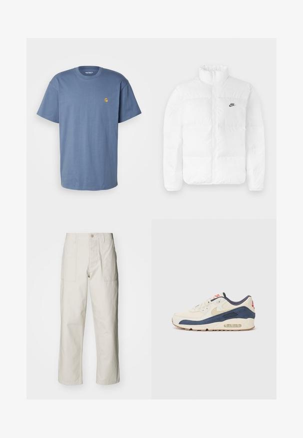 Valge puhvjakas kõrge kraega, lukuga sulgemine ja must Nike logo vasakul rinnal. Üksikasjalik tekstuur, tepitud disain ja polsterdatud.; Carhartt WIP CHASE - Lihtne T-särk - positano/gold; Heledbeez värvi laiad püksid, mis on valmistatud puuvillast. Omavad esi-taskuid ja nupuga sulgemist. Sile tekstuur, millel on õrnad vertikaalsed jooned.; Kreem nahk ja tumesinise nubukiga ülaosa, millel on nähtav õhksool, beež kummist välistald ja punane aktsent kanna peal.