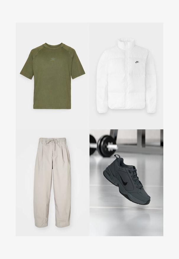 Fehér puffertakaró magas gallérral, cipzáros záródással és fekete Nike logóval a bal mellrészen. Sima textúrájú, steppelt kialakítású és párnázott.; Oliva zöld, rövidujjú pamut póló, kerek nyakkivágással és egy kis szürke logóval a mellkas közepén. Simább textúra.; Beige, könnyű nadrág, rugalmas derékkal és zsinórral. Ráncokkal és laza szabással rendelkezik, puha, sima anyagból készült.; Sötétszürke Nike Air Monarch sneaker felfüggesztve egy beltéri környezetben, elmosódott edzőgépekkel a háttérben, egy fényes padlón.