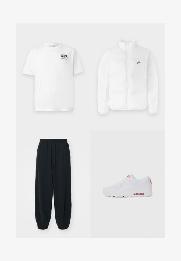 Bílá péřová bunda s vysokým límcem, zipovým uzávěrem a černým logem Nike na levé hrudi. Hladká textura, prošívaný design a polstrovaná.; Bílá bavlněná tričko s černým grafickým designem obsahujícím text "Pompeii Brand". Klasický kruhový výstřih a krátké rukávy.; Černé teplákové kalhoty s elastickým pasem, volným střihem, manžetami na kotnících, hladkým povrchem a bez viditelných vzorů či kovových detailů.; Bílé sportovní tenisky s hladkým svrškem, šněrováním, polstrovanou podrážkou a viditelnou vzduchovou jednotkou s červenými akcenty na značce.