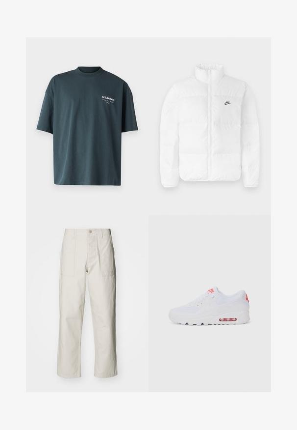 Balta pūkainā jaka ar augstu apkakli, ar rāvējslēdzēju un melno Nike logo kreisajā krūšu daļā. Gluda tekstūra, piesūcināts dizains un polsterējums.; AllSaints UNDERGROUND CREW - Apdrukāts T-krekls - universe blue; Gaiši bežs platā kāju bikses, izgatavotas no kokvilnas. Iekļautas priekšējās kabatas un pogu aizdare. Gluda tekstūra ar smalkām vertikālām līnijām.; Baltas sporta apavi ar gludu augšdaļu, saitēm, mīkstu zoli un redzamu gaisa vienību ar sarkaniem akcentiem uz zīmola.