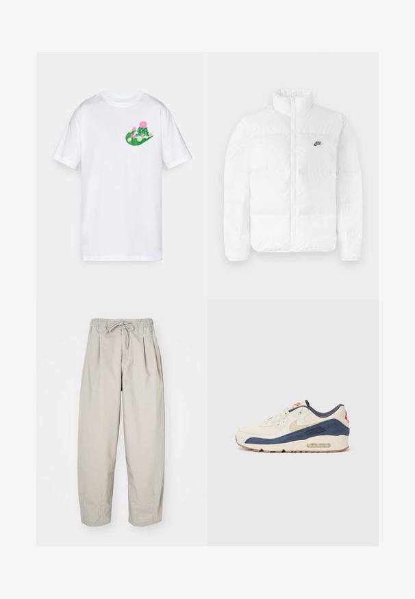 Hvit pufferjakke med høy krage, glidelås og svart Nike-logo på venstre bryst. Glatt tekstur, quiltet design og polstret.; Hvit bomulls T-skjorte med et fargerikt grafisk design i grønn og rosa, som viser kaktuser og blomster på venstre brystområde.; Beige, lette bukser med elastisk midje og snor. Har folder og løs passform, laget av myk og glatt stoff.; Sko med overdel i kremfarget lær og marineblå semsket skinn, med synlig luftsåle, beige gummisåle og rød detalj på hælen.