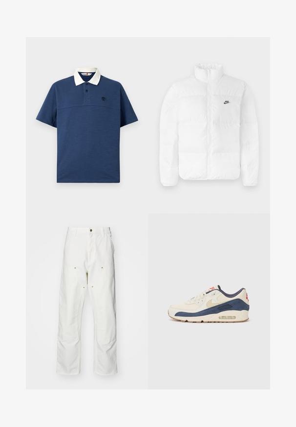 Jachetă puf albă cu guler înalt, închidere cu fermoar și logo-ul Nike negru pe pieptul stâng. Textură netedă, design matlasat și căptușită.; Cămașă polo bleu marin cu guler alb, mânecă scurtă, clapetă cu două nasturi și un mic logo negru pe piept. Textură de material moale.; Pantaloni cargo din bumbac alb, cu o croială lejeră. Caracteristicile includ buzunare frontale, accesorii din metal aurit și secțiuni întărite la genunchi.; Adidași cu un superior din piele crem și suede bleumarin, având o talpă intermediară cu aer vizibil, talpă exterioară din cauciuc bej și un accent roșu pe toc.