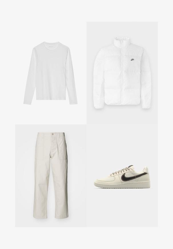 Weiße Puffjacke mit hohem Kragen, Reißverschluss und schwarzem Nike-Logo auf der linken Brust. Glatte Textur, gestepptes Design und gepolstert.; Langärmeliges weißes T-Shirt aus weicher Baumwolle, mit rundem Ausschnitt und glatter Textur ohne sichtbare Muster oder Akzente.; Helle beige weit geschnittene Hose aus Baumwolle. Verfügt über Fronttaschen und einen Knopfverschluss. Glatte Textur mit dezenten vertikalen Streifen.; Beige Leder-Sneaker mit einer weißen Gummisohle, ausgestattet mit einem dunkelbraunen Swoosh, genähten Details und grauen Schnürsenkeln.