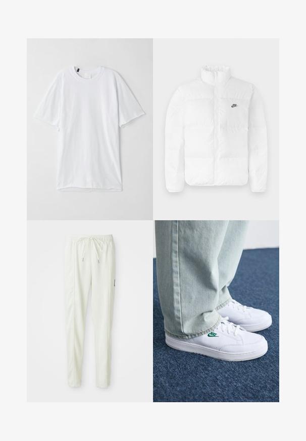 White puffer jacket with a high collar, zip closure, and black Nike logo on the left chest. Smooth texture, quilted design, and padded.; White short-sleeve t-shirt made of soft fabric; features a round neckline and a straight hem with no visible patterns or embellishments.; White slim-fit jogger pants with elastic waistband and drawstring, featuring side seam detailing and a small black patch on the right leg.; White leather sneakers with green Nike logo, round toe, flat sole, paired with light blue denim pants, shown on a blue carpet.