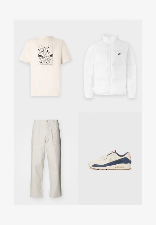 Valkoinen puffatakki, jossa on korkea kaulus, vetoketjusuljenta ja musta Nike-logo vasemmassa rinnassa. Sileä pinta, tikattu muotoilu ja pehmustettu.; Kerman t-paita, jossa on lyhyet hihat, ja etupuolella musta graafinen printti linnuista ja figuureista rajatussa kuosissa.; Harmaat vaaleat leveät housut, jotka on valmistettu puuvillasta. Varustettu etutaskuilla ja nappikiinnityksellä. Sujuva rakenne, jossa on hienovaraisia pystysuoria viivoja.; Tennarit, joissa on kermanvärinen nahka ja merimiessininen mokka päällinen, näkyvällä ilmasoolalla, beige kumipohja ja punainen yksityiskohta kantapäässä.