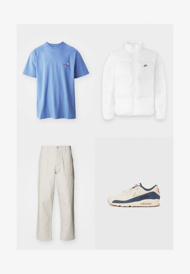 Bílá péřová bunda s vysokým límcem, zipovým uzávěrem a černým logem Nike na levé hrudi. Hladká textura, prošívaný design a polstrovaná.; Světle modré bavlněné tričko s krátkým rukávem a kulatým výstřihem. Na levé části hrudi je malé oranžové a červené logo.; Světle béžové kalhoty s širokými nohavicemi vyrobené z bavlny. Obsahují přední kapsy a zapínání na knoflík. Hladký povrch s jemnými vertikálními pruhy.; Tenisky s krémovým koženým svrškem a námořnickým semišem, s viditelnou vzduchovou podrážkou, béžovou gumovou podešví a červeným akcentem na patě.