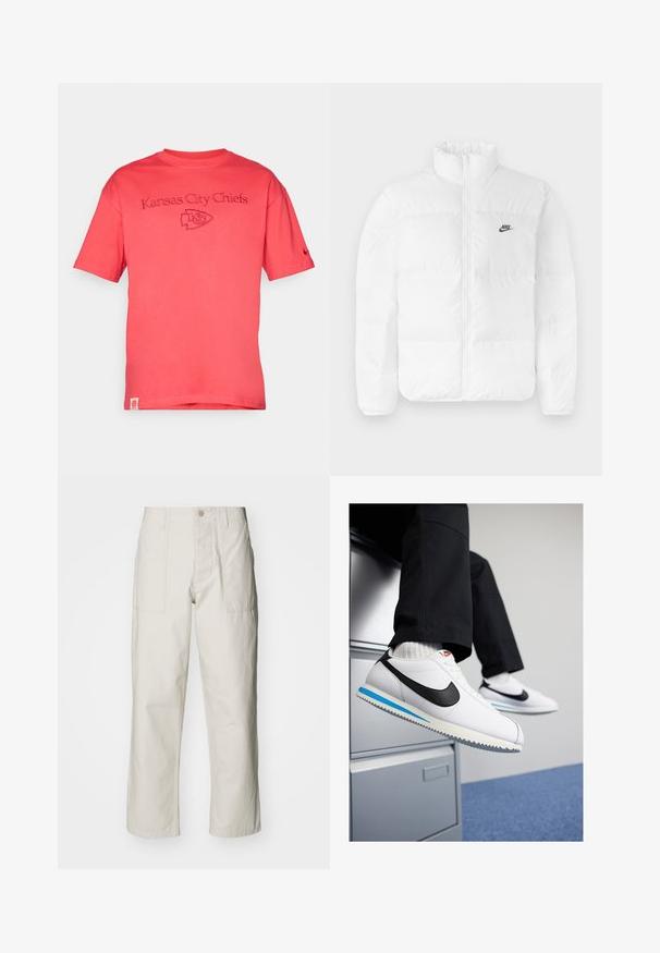Balta pūkinė striukė su aukštu apykakle, užtrauktuku ir juodu Nike logo kairėje krūtinėje. Lygi tekstūra, kvadratų dizainas ir paminkštinta.; Koralo spalvos trumpomis rankovėmis marškinėliai, pagaminti iš medvilnės, su siuvinėtu „Kansas City Chiefs“ tekstu ir logotipu priekyje.; Šviesiai pilki plačius kelnes, pagamintas iš medvilnės. Yra priekinės kišenės ir mygtuko uždarymas. Lygus paviršius su subtiliomis vertikaliomis linijomis.; Baltos odinės sportbačiai su juodu Nike logotipu, šviesiai mėlyna ir pilka guma padais bei klasikiniu raištelių dizainu. Kojos remiasi į dokumentų spintą.