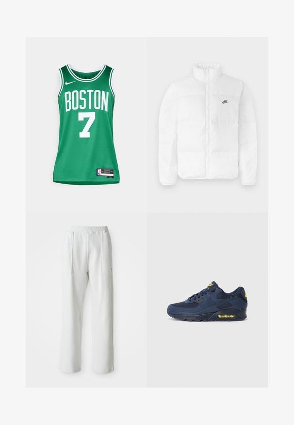 Biela nafukovacia bunda s vysokým golierom, zipsovým zapínaním a čiernym logom Nike na ľavej hrudi. Hladká textúra, prešívaný dizajn a polstrovaná.; Zelený basketbalový dres s bielym písmom. Obsahuje nápis "BOSTON" a číslo "7." Vyrobený z priedušnej sieťoviny, so značkou a tagom Nike.; Biele mužské nohavice s elastickým pásom a veľkými prednými vreckami, zobrazené na jednoduchom svetlom pozadí.; Námornícky modré tenisky Nike Air Max s vrchom z semišu a sieťoviny, s žltými akcentmi, šnurovaním vpredu a viditeľným vzduchovým odpružením v podrážke.