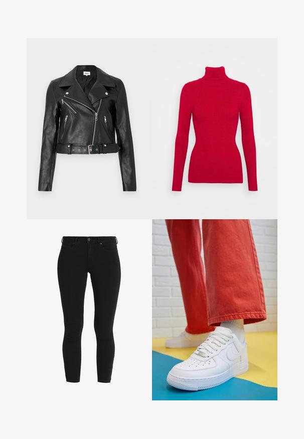 Casaco cropped de couro preto com um colarinho largo, fecho frontal assimétrico e cinto. Apresenta vários bolsos com fecho éclair e metal prateado.; Pulôver de gola alta vermelho com nervuras, mangais longos, tecido texturizado, silhueta ajustada e colo alto. Sem adornos visíveis.; Calças skinny pretas feitas de denim, com fecho de botão, design clássico de cinco bolsos, e fechos de correr nos tornozelos para um detalhe adicional.; Sapatilha de couro branca com biqueira perfurada, sola texturizada e atacadores brancos, combinada com calças largas vermelhas e um fundo azul e amarelo.