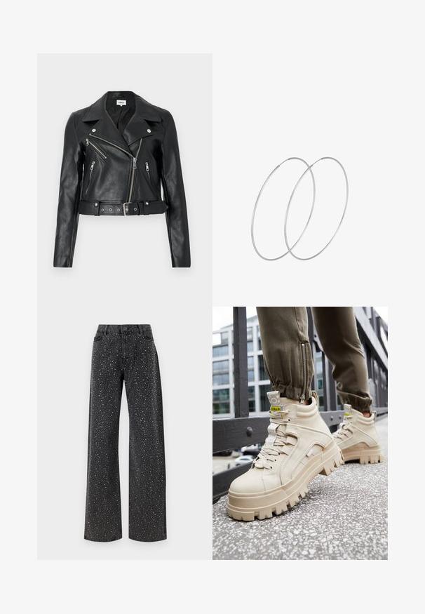 Chaqueta de cuero negra corta con un cuello ancho, cremallera frontal asimétrica y cinturón. Presenta múltiples bolsillos con cremallera y herrajes plateados.; Bodysuit negro de manga larga, con un escote en V de malla y detalle fruncido en los hombros. Tejido suave con una forma ajustada.; Noisy May NMJANNEL LOOSE - Vaqueros boyfriend - black denim; Zapatillas altas beige con suela gruesa y texturizada, diseño de cordones y etiquetas de acento amarillas. Parte superior de cuero texturizado con costuras en contraste.; Pendientes de aro plateados con un diseño minimalista. Forma circular, textura suave y perfil delgado. Livianos con un acabado pulido.
