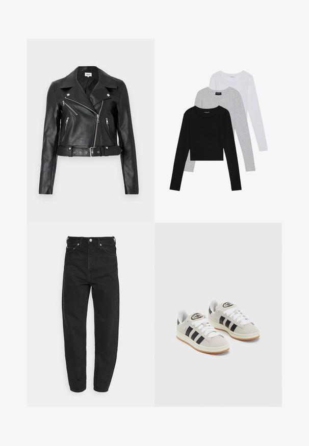 Casaco cropped de couro preto com um colarinho largo, fecho frontal assimétrico e cinto. Apresenta vários bolsos com fecho éclair e metal prateado.; Três camisetas de manga longa empilhadas: preta, cinza e branca. Cada uma tem um decote redondo e um design cropped, feitas de um tecido leve e suave.; Weekday LASH EXTRA HIGH MOM - Calças de ganga de corte relaxado - washed black; Tênis de camurça cinza com atacadores brancos, riscas pretas e uma sola de borracha branca. Apresenta um logótipo circular na língua e uma sola de borracha.