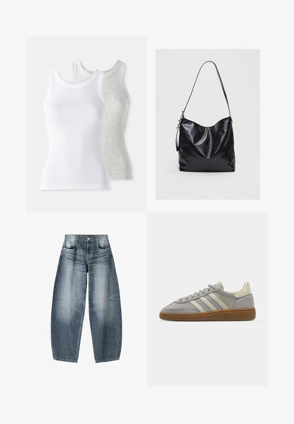 Černá kožená bunda s límečkem, dvěma předními kapsami, elastickým lemem a kontrastními švy. Měkká textura.; Zkrácená tmavě šedá mikina na zip s dlouhými rukávy a kapucí na stažení. Vyrobena z měkké tkaniny, má stříbrný zip a minimalistický design.; Dvě tílka bez rukávů: jedno bílé, s ribrovou strukturou, a jedno světle šedé se subtilním melírovaným vzorem. Obě mají kulaté výstřihy.; Džínsy s širokými nohavicemi vyrobené z světle modrého denimového materiálu s vybledlým vzhledem, s pěti kapsami, zapínáním na knoflík a minimálními stehy.; Šedé semišové tenisky se světle šedými koženými pruhy a gumovou podrážkou. Vybavení zahrnuje šněrování a decentní branding na jazyku.; Černá kožená kabelka přes rameno s měkkým, texturovaným povrchem. Má zakřivený design a jeden nastavovací popruh. Bez dalšího kování.
