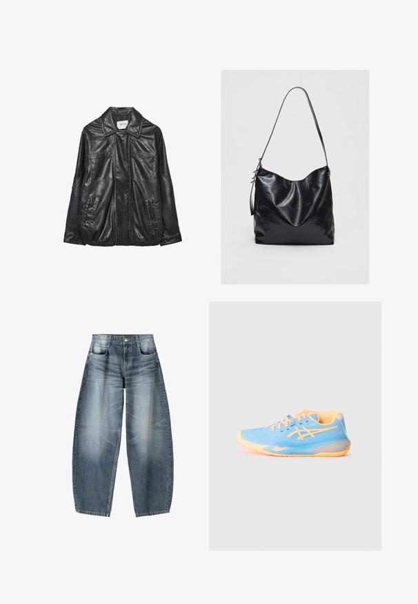 Black leather jacket featuring a collared neckline, two front pockets, elasticated hem, and contrasting stitching details. Soft texture.; Two sleeveless tank tops: one white, ribbed texture, and one light gray with a subtle heather pattern. Both have round necklines.; Wide-leg jeans made of light blue denim with fading, featuring a five-pocket design, button fly, and minimal stitching details.; Light blue athletic shoe with orange accents; mesh upper, round toe, and textured sole for grip. Features branded detailing and laces.; Black leather shoulder bag with a soft, textured finish. Features a curved design and a single adjustable strap. No additional hardware.
