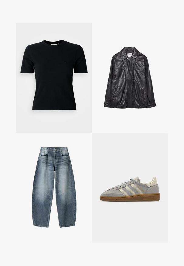 Černá kožená bunda s límečkem, dvěma předními kapsami, elastickým lemem a kontrastními švy. Měkká textura.; Černé žebrované tričko s krátkým rukávem a kulatým výstřihem; na hrudi má decentní logo; vyrobeno z měkké, texturované tkaniny.; Džínsy s širokými nohavicemi vyrobené z světle modrého denimového materiálu s vybledlým vzhledem, s pěti kapsami, zapínáním na knoflík a minimálními stehy.; Šedé semišové tenisky se světle šedými koženými pruhy a gumovou podrážkou. Vybavení zahrnuje šněrování a decentní branding na jazyku.
