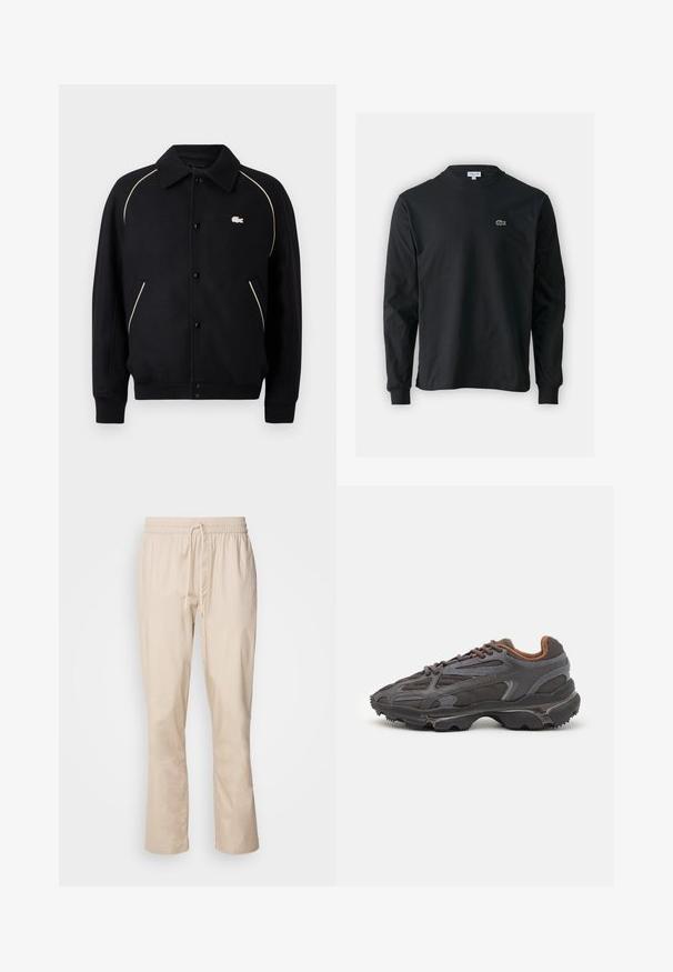 Čierna sako s golierom, so béžovými pruhmi pozdĺž ramien a malým vyšívaným logom na ľavej hrudi.; Čierne tričko s dlhým rukávom vyrobené z bavlny, s okrúhlym výstrihom a malým zeleným vyšívaným logom krokodíla na ľavej hrudi.; Bežové nohavice s uvoľneným strihom, elastickým pásom a šnúrkou. Hladká textúra, mierne zúžené nohavice a žiadne viditeľné vzory ani kovanie.; Lacoste tenisky v tmavo sivej farbe z nylonu a syntetického materiálu, s textúrovanou podrážkou a hnedými akcentami na golieri a brandingu.