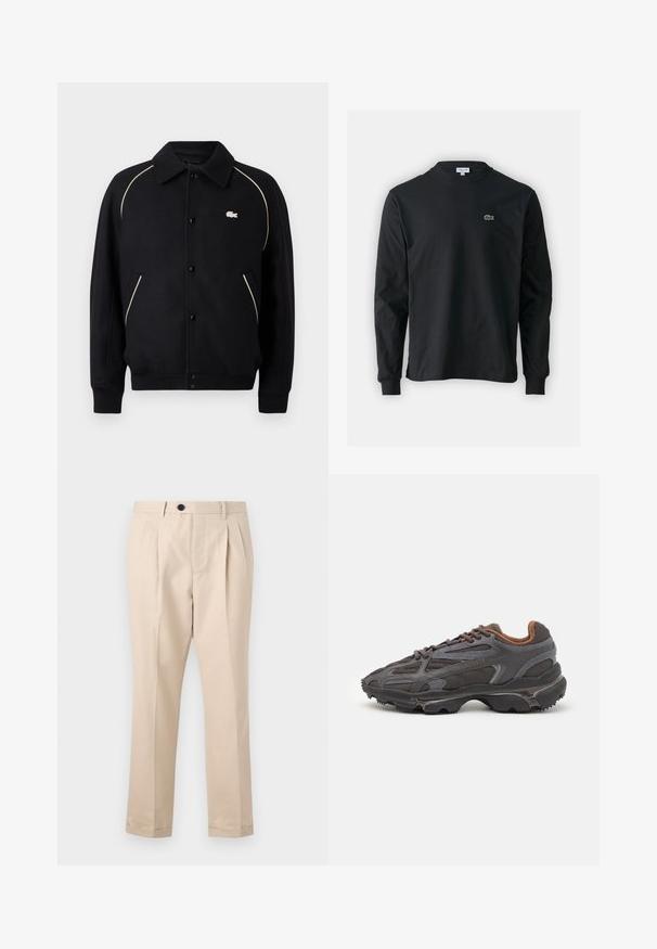 Jachetă neagră cu nasturi, cu guler, având o margine bej pe umeri și un mic logo brodat pe partea stângă a pieptului.; Tricou negru cu mânecă lungă, realizat din bumbac, cu un guler rotund și un mic logo brodat cu un crocodil verde pe partea stângă a pieptului.; Pantaloni plisati bej, fabricați dintr-un material neted, cu închidere prin fermoar și nasture, cu picioare drepte și tivuri pliate.; Adidași Lacoste de culoare gri închis, din material mesh și sintetic, cu o talpă texturată și accente maronii pe guler și branding.