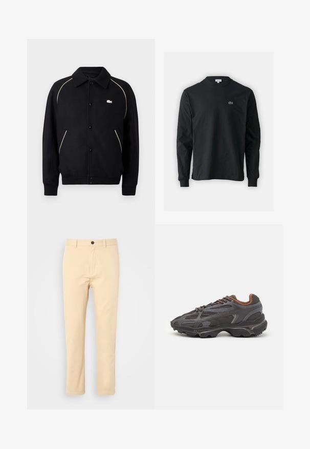Melns krekla žakets ar apkakli, kas aprīkots ar beiges krāsas apdari plecu daļā un nelielu izšuvumu kreisajā krūtī.; Melna garām piedurknēm t-krekls, izgatavots no kokvilnas, ar apaļu kakla izgriezumu un mazu zaļu izšūtu krokodila logo kreisajā krūtī.; Khaki chinos ar taisnu kāju dizainu, pogu aizdari un frontālajām kabatām. Gluda kokvilnas audums ar minimālu tekstūru.; Lacoste kedas tumši pelēkā krāsā ar acu audumu un sintētisko materiālu, ar teksturētu zoli un brūniem akcentiem apkaklītē un zīmola uzrakstā.
