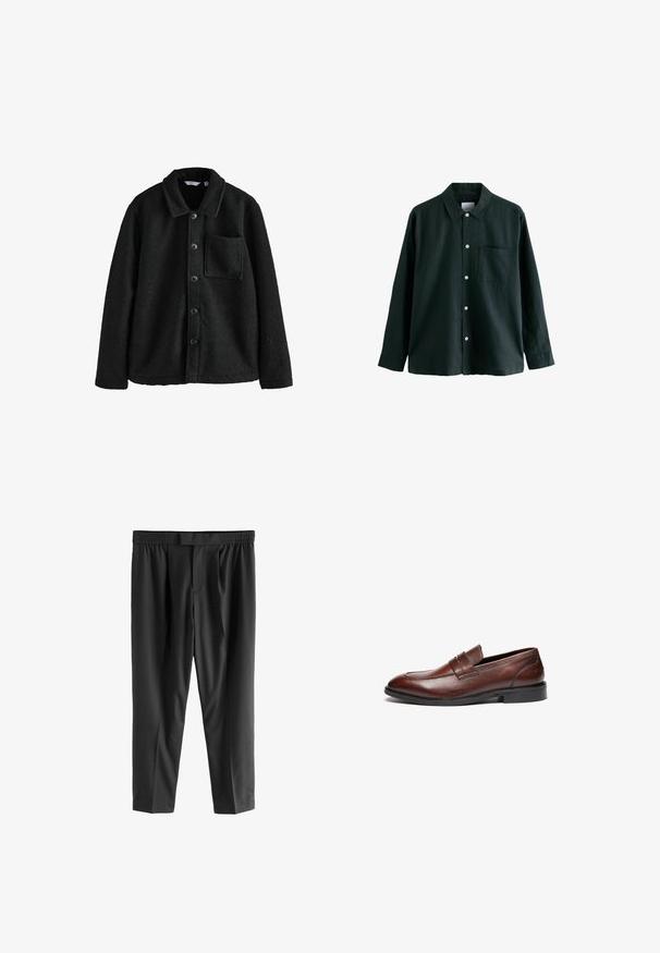 Melns vilnas krekls ar apkakli, priekšējo pogu aizdari un vienu krūšu kabatu. Mīksta tekstūra un silta sajūta. Piemērots kārtotiem apģērbiem.; Tumši zaļš krekls ar apkakli, garām piedurknēm un vienu krūšu kabatu; ir baltas pogas un maiga tekstūra.; Next REGULAR FIT -CHECK SMART - Chinos tipa bikses - black; Brūni ādas loafers ar gludu apdari, noapaļotu purngalu, dekoratīvu jostu un melnu gumijas zoli. Iezīmē minimālu šuvju detaļu.