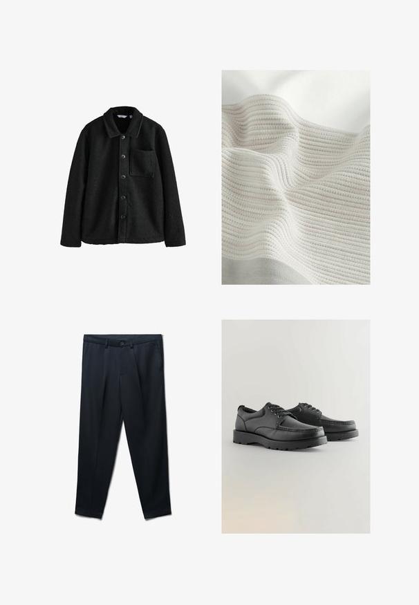 Schwarze Fleece-Hemdjacke mit Kragen, frontaler Knopfleiste und einer Brusttasche. Weiche Textur und warmes Gefühl. Geeignet für schichtweise Outfits.; Strukturierter Stoff mit hellgrauen und cremeweißen Streifen. Weiches Material mit einer gewellten Optik, das das Gewebemuster und die sanften Falten betont.; Schwarze, maßgeschneiderte Herrenhose mit Gürtelschlaufen, Knopfverschluss und Seitentaschen auf einem weißen Hintergrund.; Schwarze Lederschuhe mit strukturiertem Obermaterial, runder Spitze, Schnürdesign und dicken Gummisohlen mit einem Profil.