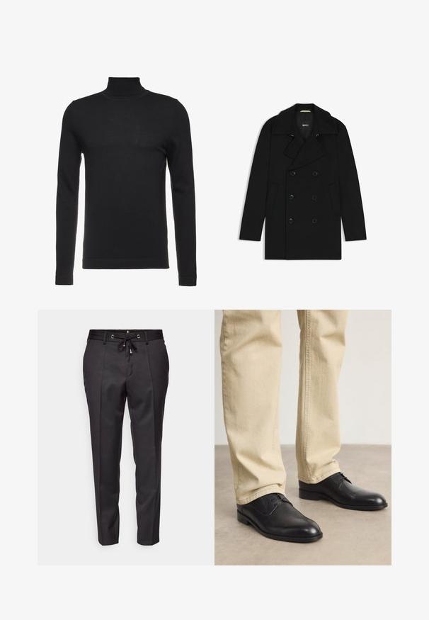 Black double-breasted coat with a notched collar, side pockets, and button closures, made from a smooth, textured fabric. Brand logo visible inside.; Black turtleneck sweater made of soft, ribbed fabric. Fitted design with long sleeves and a high neck. Minimalist style, no visible patterns.; Black tailored pants with a drawstring waistband, pleated front, and cuffed hems. Made from smooth fabric with a structured fit.; Black leather lace-up shoes with a rounded toe, smooth finish, and subtle stitching details, worn with light beige pants.