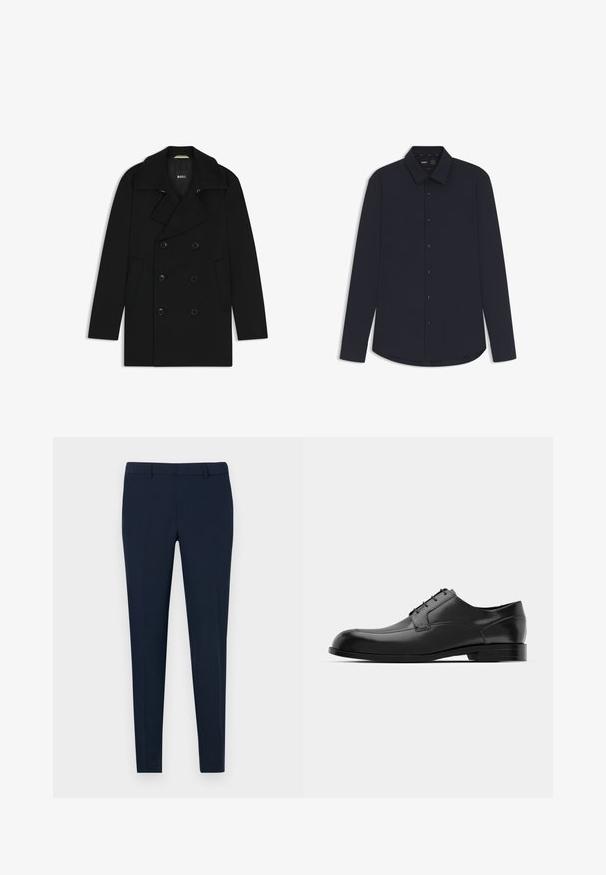 Schwarzer doppelt geknöpfter Mantel mit Reverskragen, seitlichen Taschen und Knopfverschlüssen, aus einem glatten, strukturierten Stoff hergestellt. Markenlogo innen sichtbar.; Marineblaues Langarm-Hemd mit Knöpfen aus glattem Stoff und strukturiertem Kragen, ausgestattet mit dunklen Knöpfen und einem abgerundeten Saum.; Marineblaue, taillierte Hose mit schmaler Passform, flachem Bund und Gürtelschlaufen, aus glattem Stoff. Keine sichtbaren Muster oder Verzierungen.; Schwarze Leder-Dressschuhe mit einer runden Zehenpartie, glatter Oberfläche, minimalen Nähten und flacher Sohle mit dezentem Branding an der Ferse.