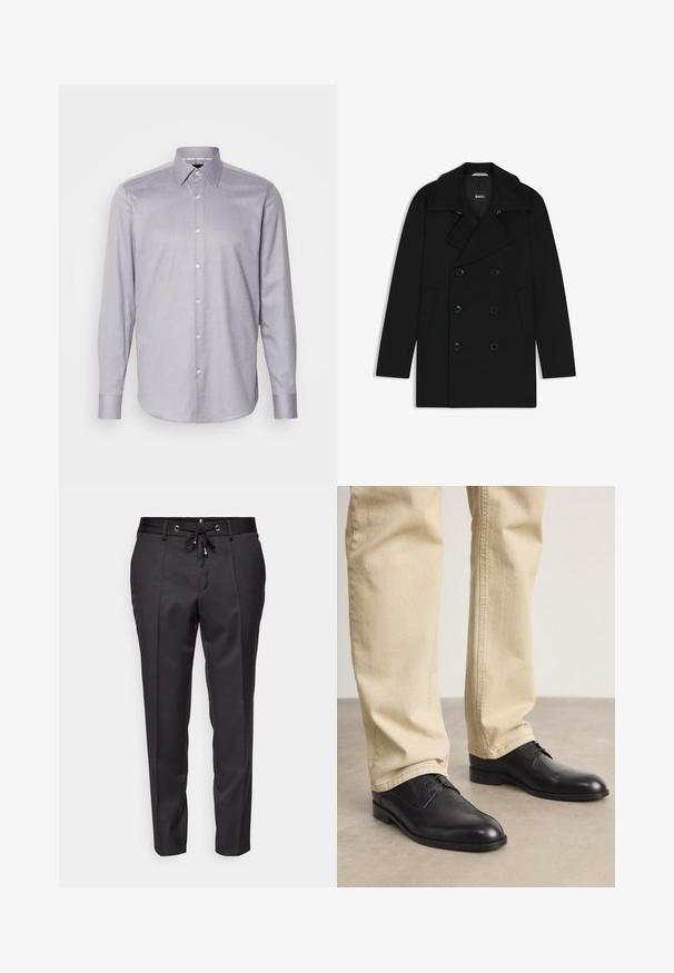 Zwarte dubbelzijdige jas met een geknipt kraag, zijzakken en knoopsluitingen, gemaakt van een gladde, gestructureerde stof. Merklogo zichtbaar aan de binnenzijde.; Lichtpaarse overhemd met lange mouwen en een button-down kraag, voorzien van een subtiel textuurpatroon en witte knopen aan de voorkant.; Zwarte op maat gemaakte broek met een elastische tailleband, geplooide voorkant en omgeslagen randen. Gemaakt van een gladde stof met een gestructureerde pasvorm.; Zwarte leren veterschoenen met een ronde neus, een gladde afwerking en subtiele stikdetails, gedragen met lichtbeige broeken.