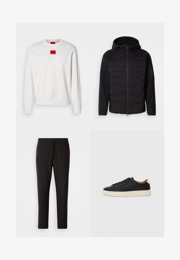 Čierna kapucňová bunda s prešívaným predným dielom, fleecovými rukávmi a podšívkou, predným zipsom a zipsovou vreckom na ľavom rukáve.; HUGO DIRAGOL - Mikina - natur; Čierne jogger nohavice vyrobené z hladkej tkaniny. Majú elastický pás s šnúrkou, zúžené nohavice a žiadne viditeľné vrecká. Jednoduchý dizajn.; Čierne kožené tenisky s hladkou textúrou, béžová gumová podrážka, viazanie a kontrastný akcent na päte.