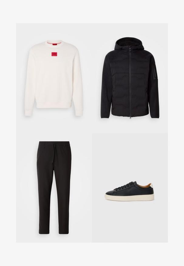 Mustaga kapuutsiga jope, millel on tikandiga esiosa, fliisseed ja vooder, esimesene peitmislukk ja tõmblukuga tasku vasakul varrukal.; Kreemivärvi sviiter, millel on ümara kaeluse, soonikud mansettidel ja allservas. Rinnal on väike punane ristkülikukujuline logo riidekild "HUGO".; Mustad jogger-püksid, mis on valmistatud siledast kangast. Omavad elastset pihaotsikut koos paelaga, kitsenevaid jalaosi ja nähtamatuid taskuid. Lihtne disain.; Mustad nahast tennised sujuva pindadega, beež kummist tallaga, paelaga kinnitamine ja kontrastse kanna aktsendiga.