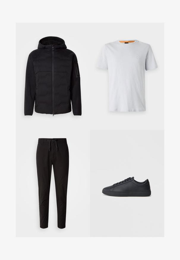 Black hooded jacket with quilted front, fleece sleeves and lining, front zipper, and zippered pocket on left sleeve.; Light gray short-sleeve t-shirt made of cotton, featuring a small logo patch on the chest and a contrasting orange accent on the neckline.; Black pants with an elastic waistband and drawstring, featuring a narrow tapered fit and smooth, lightweight fabric.; Black sneakers made of smooth leather with a low-top design, round toe, and flat rubber sole. Features laces and subtle branding.