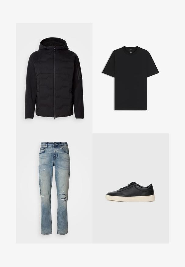 Zwarte hoodie-jack met gewatteerde voorkant, fleece mouwen en voering, ritssluiting aan de voorkant en een ritszak op de linker mouw.; Zwarte korte mouwen T-shirt van een gladde katoenmix, met een ronde halslijn en een minimalistisch ontwerp zonder patronen of accenten.; Lichtblauwe denim jeans met een rechte pijp, verwerkte details en een vervaagde was. Standaard vijf-pocket ontwerp met een knoopsluiting.; Zwarte leren sneaker met lage schacht, zwarte veters en off-white zool, weergegeven in zijprofiel op een witte achtergrond.