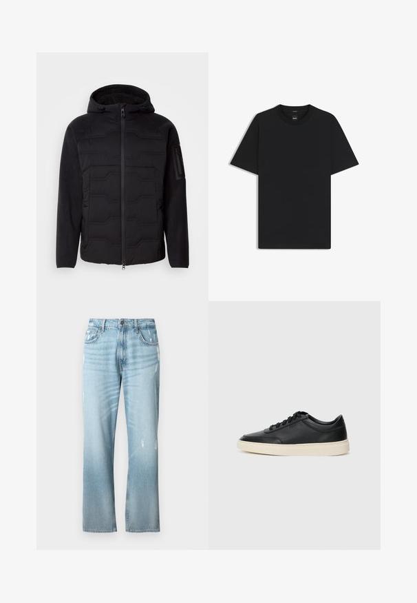 Musta hupullinen takki, jossa on tilkkupintainen etuosa, fleece-hihat ja vuori, etuvetoketju ja vetoketjullinen tasku vasemmassa hihassa.; Musta lyhythiha T-paita, joka on valmistettu sileästä puuvillasekoitteesta. Paita on varustettu pyöreällä pääntiehen ja siinä on minimaalinen muotoilu ilman kuvioita tai yksityiskohtia.; Vaaleansiniset farkut, joissa on hieman väljä suora leikkaus, olalla kuluneita yksityiskohtia, klassinen viiden taskun muotoilu ja nappikiinnitys.; Musta matalavartinen nahkastretchu, jossa on mustat nauhat ja vaaleanharmaa pohja, esitetty sivuprofiilissa valkoista taustaa vasten.