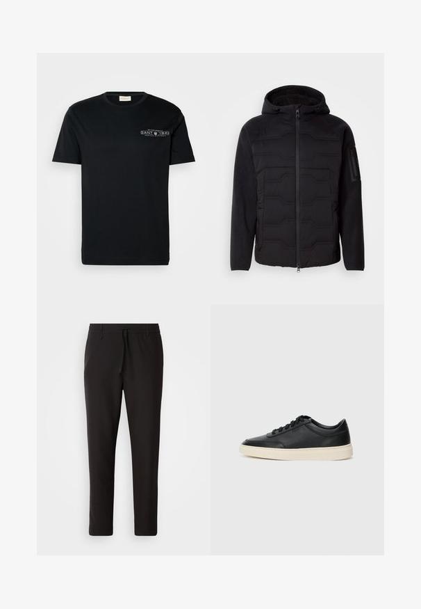 Zwarte hoodie-jack met gewatteerde voorkant, fleece mouwen en voering, ritssluiting aan de voorkant en een ritszak op de linker mouw.; Zwarte katoenen T-shirt met korte mouwen, ronde hals en kleine witte grafische tekst op de linkerborst. Eenvoudig, regulier pasvorm ontwerp.; Zwarte joggingsbroek van gladde stof. Kenmerkt zich door een elastische tailleband met een trekkoord, taps toelopende benen en geen zichtbare zakken. Eenvoudig ontwerp.; Zwarte leren sneaker met lage schacht, zwarte veters en off-white zool, weergegeven in zijprofiel op een witte achtergrond.