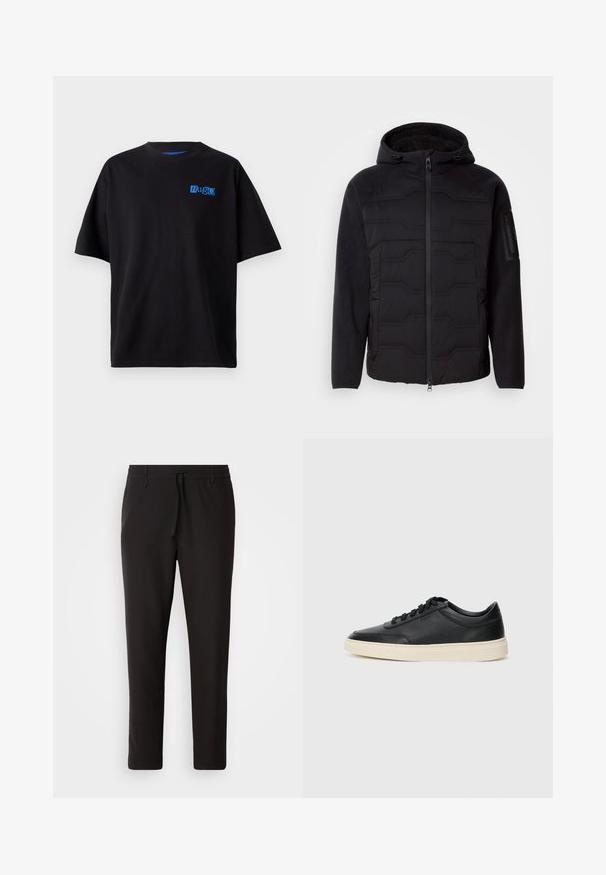 Melnas kapuces jaka ar kvadrātveida priekšpusi, flīsa piedurknēm un odere, priekšējais rāvējslēdzis un rāvējslēdzēja kabata kreisajā piedurknē.; Melna kokvilnas t-krekls ar brīvu piegriezumu, ar zilu "Hug" logotipu uz krūtīm, apaļu kakla izgriezumu un īsām piedurknēm. Vienkāršs dizains.; Melnas sporta bikses no gludas auduma. Tām ir elastīga josta ar auklu, sašaurinātas kājas un nav redzamu kabatu. Vienkāršs dizains.; Melnas zemas ādas sporta kurpes ar melnām auklām un off-white zoli, rādītas no sānu profila uz baltā fona.