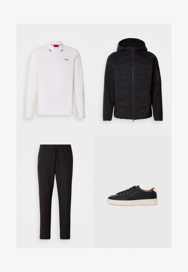 Černá kapucová bunda s prošívaným předním dílem, fleecovými rukávy a podšívkou, předním zipem a zipovou kapsou na levém rukávu.; Bílá polokošile s dlouhými rukávy vyrobená z látky s hladkým texturem. Má dvoubarevné zapínání na knoflíky, černé logo a kontrastní detaily na límečku.; Černé teplákové kalhoty vyrobené z hladké látky. Mají elastický pas se šňůrkou, zúžené nohavice a žádné viditelné kapsy. Jednoduchý design.; Černé kožené tenisky s hladkým povrchem, béžovou gumovou podešví, šněrovacím designem a kontrastním akcentem na patě.