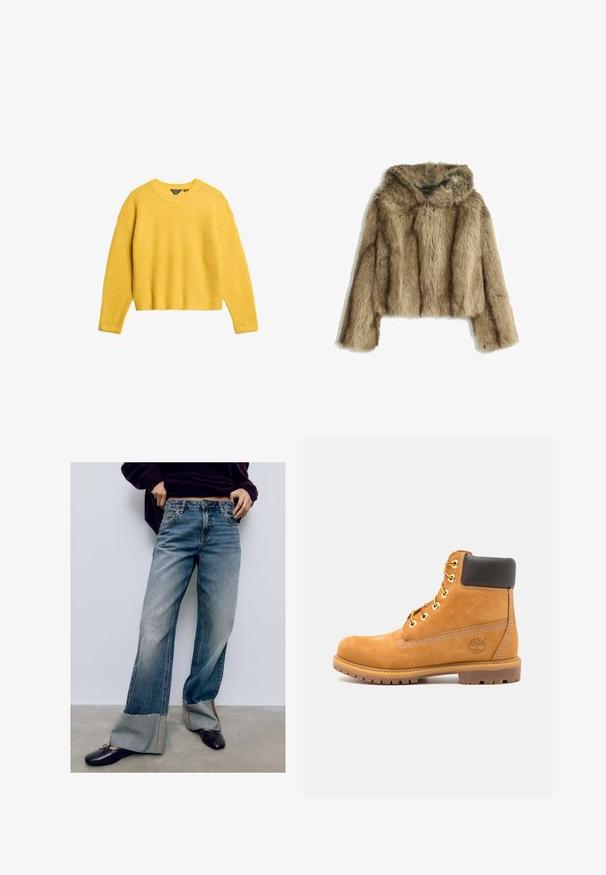 Giacca corta in finta pelliccia marrone con cappuccio, caratterizzata da una texture morbida, maniche ampie e sottili motivi a righe verticali.; Maglione giallo a coste con maniche lunghe e scollo rotondo. Presenta un taglio corto e un tessuto testurizzato. Senza bottoni o ulteriori dettagli.; Jeans ampi in denim azzurro chiaro con orli sfrangiati, caratterizzati da cuciture a contrasto e una vestibilità rilassata. Abbinati a scarpe basse scure.; Stivale alla caviglia in pelle marrone con imbottitura nera, occhielli dorati e suola texturizzata. Presenta un logo circolare su un lato e dettagli di cucitura.