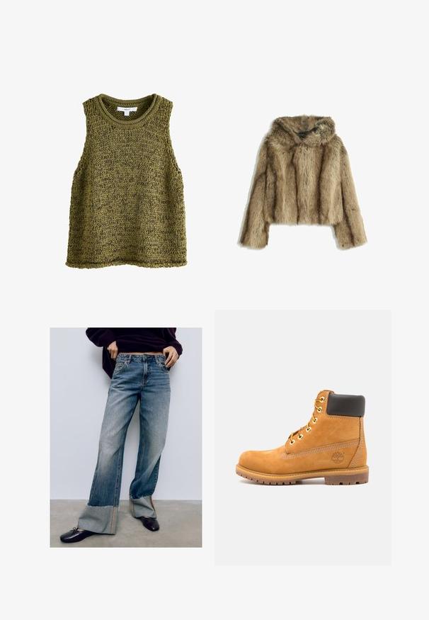 Giacca corta in finta pelliccia marrone con cappuccio, caratterizzata da una texture morbida, maniche ampie e sottili motivi a righe verticali.; Top senza maniche di colore verde oliva, lavorato a maglia, con scollatura rotonda, caratterizzato da un motivo testurizzato e una vestibilità rilassata. I bordi sono rifiniti con cura.; Jeans ampi in denim azzurro chiaro con orli sfrangiati, caratterizzati da cuciture a contrasto e una vestibilità rilassata. Abbinati a scarpe basse scure.; Stivale alla caviglia in pelle marrone con imbottitura nera, occhielli dorati e suola texturizzata. Presenta un logo circolare su un lato e dettagli di cucitura.