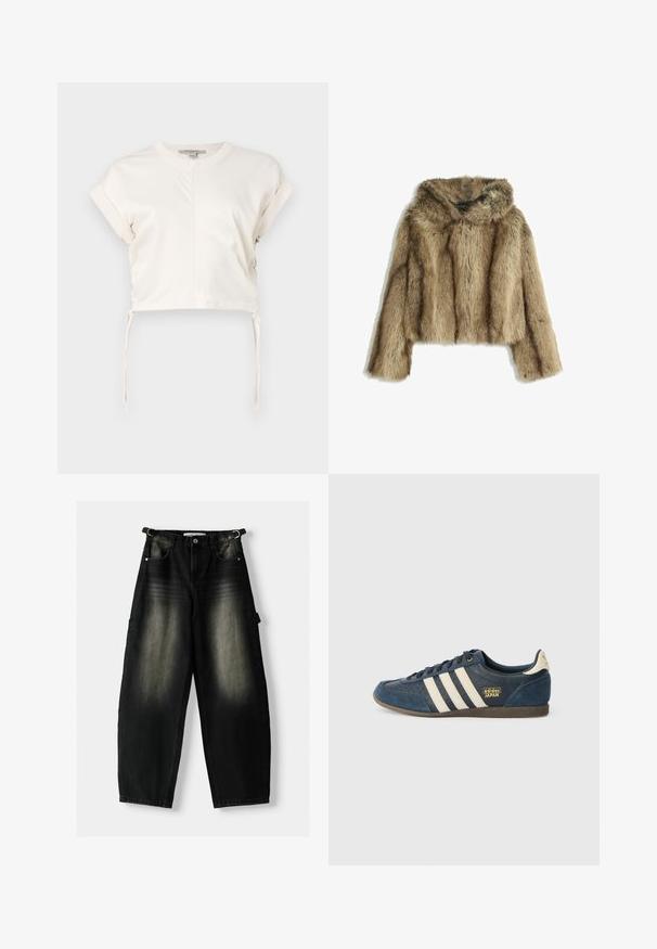 Barna műszőrme, kapucnis rövid dzseki, puha tapintással, széles ujjakra és finom függőleges csíkozásra jellemző.; Krém színű, sima anyagból készült crop top, lekerekített nyakkivágással, rövid ujjal és állítható oldalsó megkötőkkel. Egyszerű, letisztult dizájn.; Bő fekete farmernadrág, elhalványult textúrával, öt zsebbel és egy hurkkal a derékon. A dizájn laza illeszkedést és egyenes lábakat kínál.; Tengerészkék velúr sportcipő krém csíkokkal, textúrált orr résszel, arany "adidas JAPAN" logóval és barna gumi talppal. Klasszikus alacsony szárú dizájn.