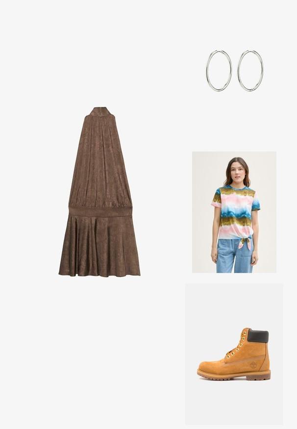 Smešani smeđi kaput od umjetnog krzna s kapuljačom, koji ima mekanu teksturu, široke rukave i suptilne uzorke vertikalnih pruga.; Višebojni T-shirt s vezanjem sprijeda, s gradijentnim uzorkom u ružičastim, plavim i zelenim nijansama. Kratki rukavi i okrugli izrez. Mješavina pamuka.; Smeđa haljina bez rukava s visokim ovratnikom. Ima teksturiranu tkaninu, nabran korpus i lepršavu, plisiranu suknju.; Smeđe kožne gležnjače s crnim podstavama, zlatnim umetkom i teksturiranim potplatom. Imaju kružni logo sa strane i šavove kao naglaske.; Srebrne okrugle naušnice s glatkom, poliranom površinom. Okrugli oblik, lagani dizajn, s mehanizmom sigurnog kopčanja.