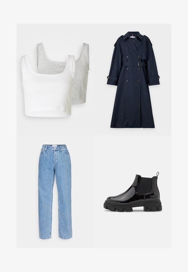 Tommy Hilfiger OVERSIZED - Trenchcoat - desert sky; To cropped tank toppe: en hvid i ribbet stof; en lysegrå med meleret tekstur. Begge har brede stropper og en rund halsudskæring.; Lys blå denimjeans med lige ben, der har knap- og lynlåslukning, fem lommer og en medium høj talje.; Sorte patentlæder Chelsea støvler med elastiske sidepaneler, chunky tekstureret sål og bagpanel for nem påtagning.